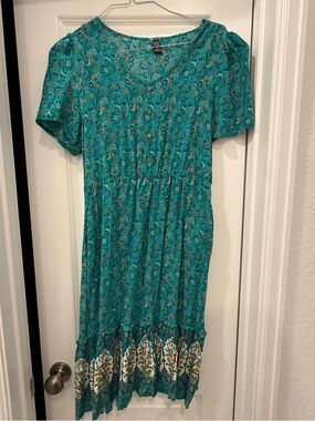 Teal Floral Short-Sleeve Midi Dress